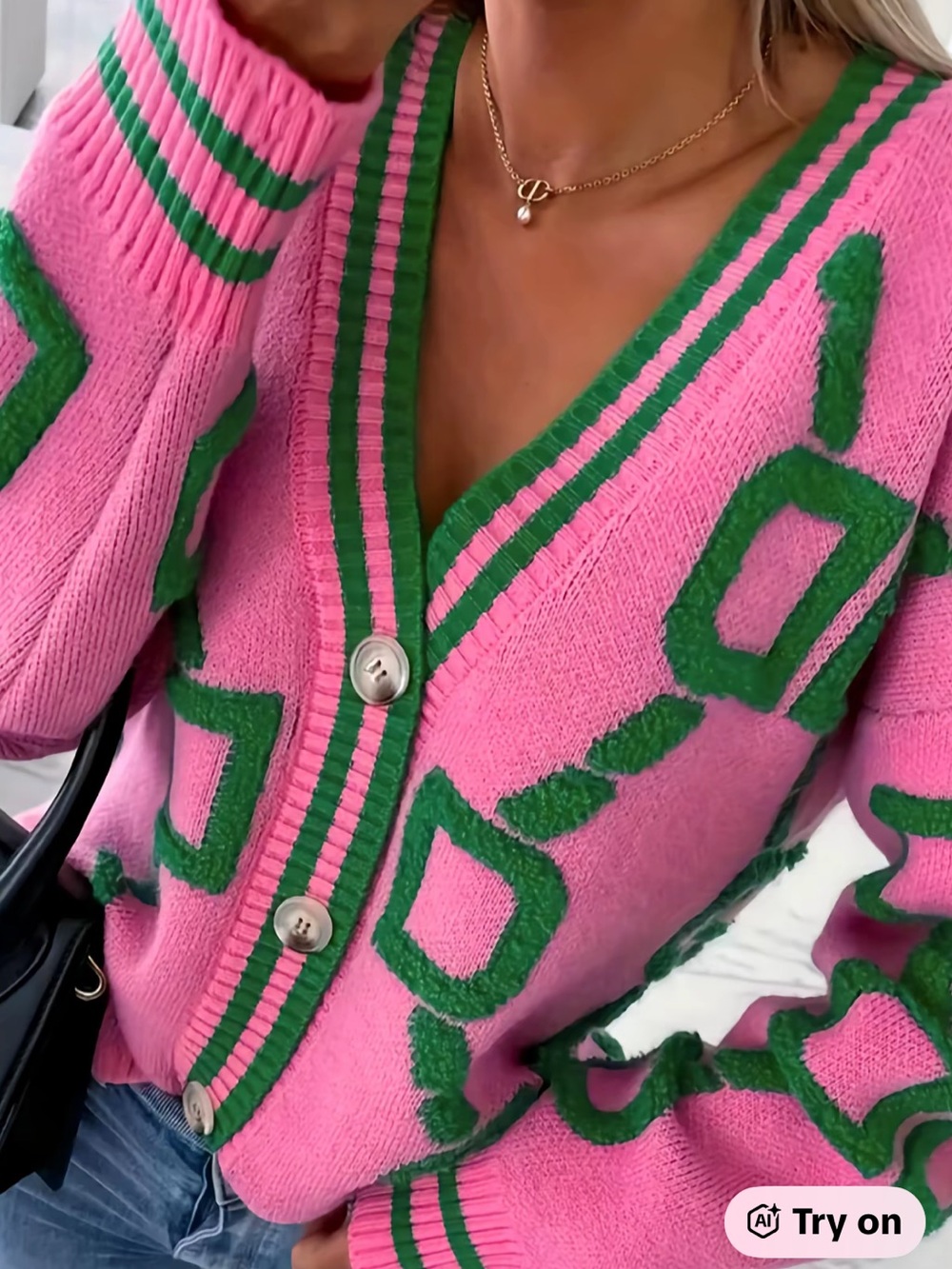 Pink & Green V‑Neck Button Cardigan Sweater